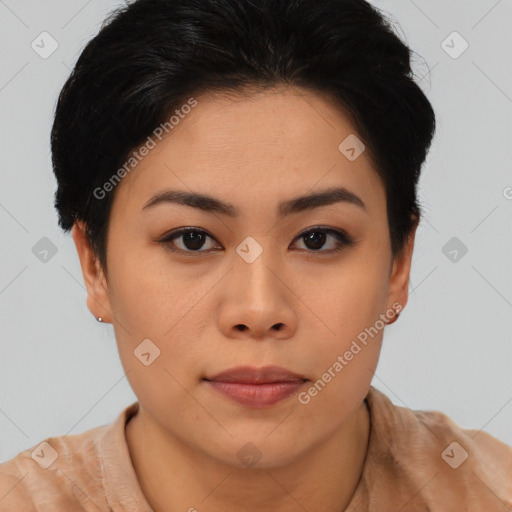 Neutral asian young-adult female with short  brown hair and brown eyes