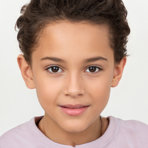 Joyful white child female with short  brown hair and brown eyes