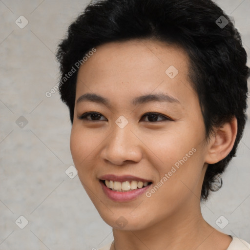 Joyful asian young-adult female with short  black hair and brown eyes