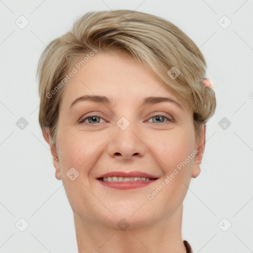 Joyful white young-adult female with short  brown hair and grey eyes