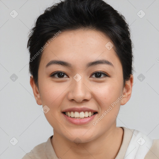 Joyful asian young-adult female with short  brown hair and brown eyes