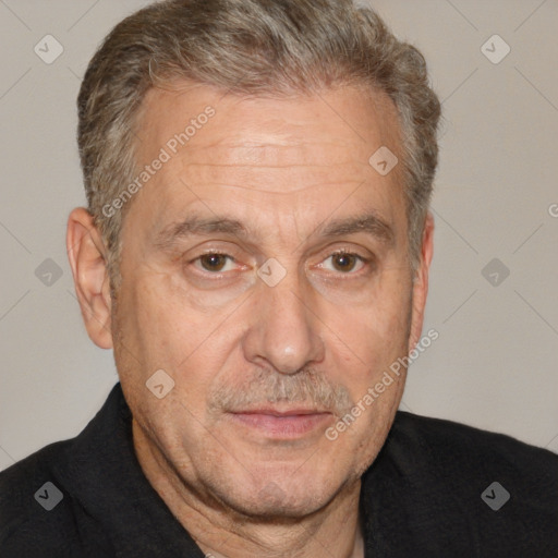 Joyful white middle-aged male with short  brown hair and brown eyes