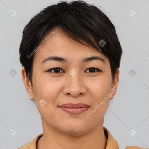 Joyful asian young-adult female with short  brown hair and brown eyes