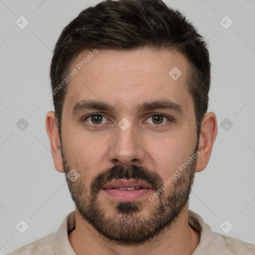 Joyful white young-adult male with short  brown hair and brown eyes