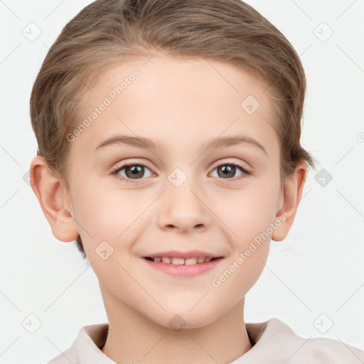 Joyful white child female with short  brown hair and brown eyes