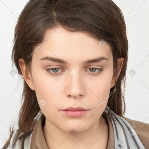 Neutral white young-adult female with medium  brown hair and brown eyes