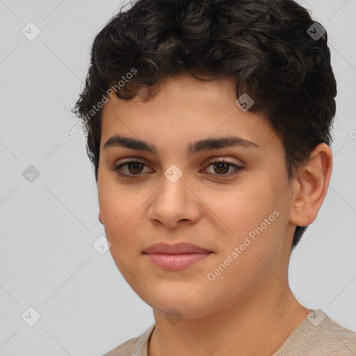 Joyful latino young-adult female with short  brown hair and brown eyes