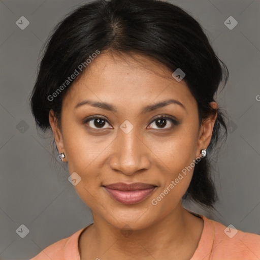 Joyful black young-adult female with medium  brown hair and brown eyes