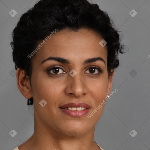 Joyful latino young-adult female with short  brown hair and brown eyes
