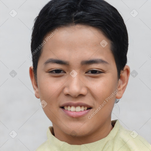 Joyful asian young-adult female with short  brown hair and brown eyes