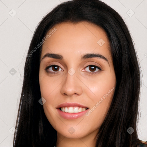 Joyful white young-adult female with long  black hair and brown eyes