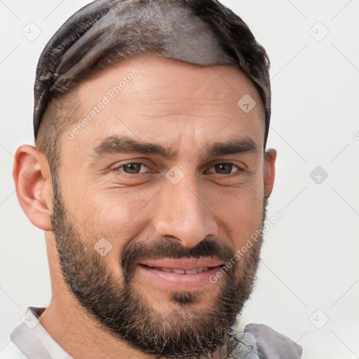 Joyful white adult male with short  brown hair and brown eyes