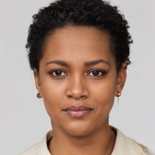 Neutral black young-adult female with short  black hair and brown eyes