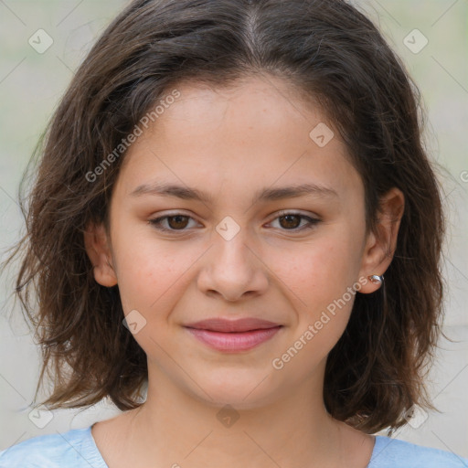 Joyful white child female with medium  brown hair and brown eyes