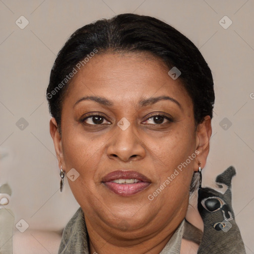 Joyful black adult female with medium  brown hair and brown eyes