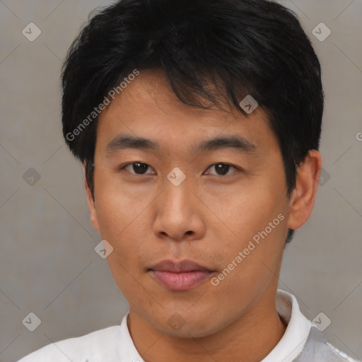 Neutral asian young-adult male with short  brown hair and brown eyes