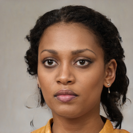 Neutral black young-adult female with medium  black hair and brown eyes