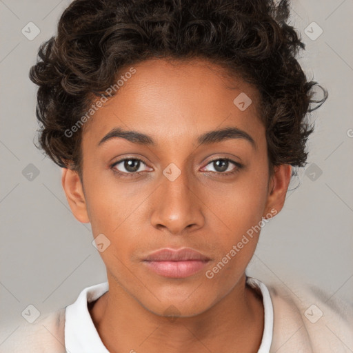 Neutral white young-adult female with short  brown hair and brown eyes