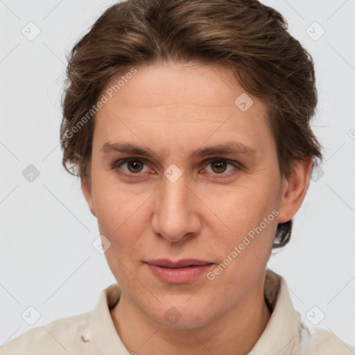 Joyful white adult female with short  brown hair and grey eyes