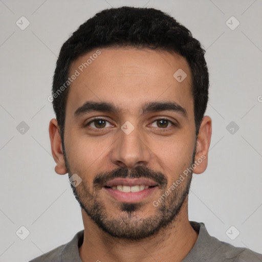 Neutral latino young-adult male with short  black hair and brown eyes