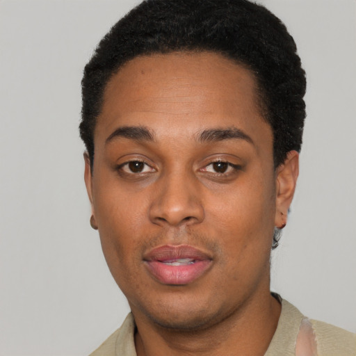 Neutral black young-adult female with short  black hair and brown eyes