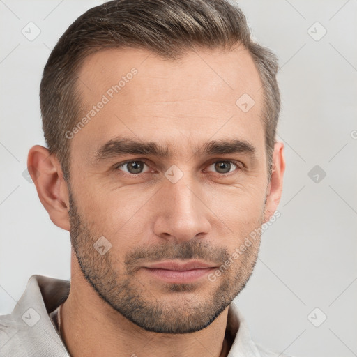 Neutral white young-adult male with short  brown hair and brown eyes