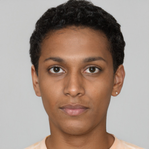 Neutral latino young-adult female with short  black hair and brown eyes