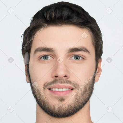 Joyful white young-adult male with short  black hair and brown eyes