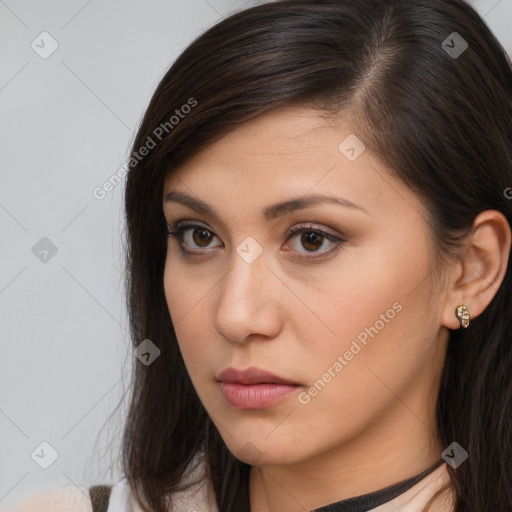 Neutral white young-adult female with medium  brown hair and brown eyes