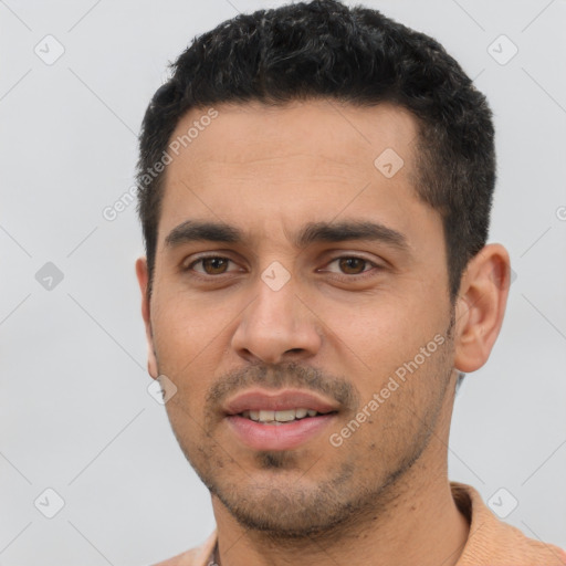 Neutral latino young-adult male with short  black hair and brown eyes