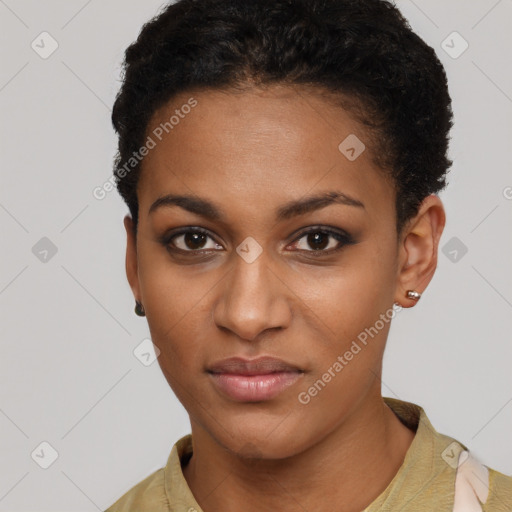 Neutral black young-adult female with short  brown hair and brown eyes