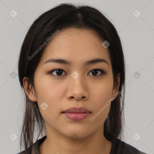 Neutral asian young-adult female with medium  brown hair and brown eyes