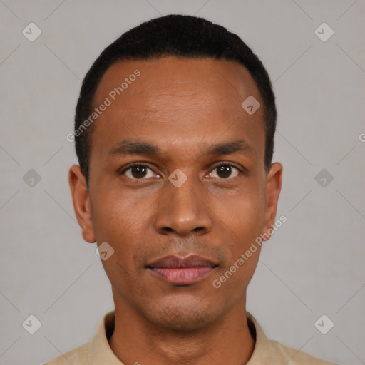 Neutral latino young-adult male with short  black hair and brown eyes