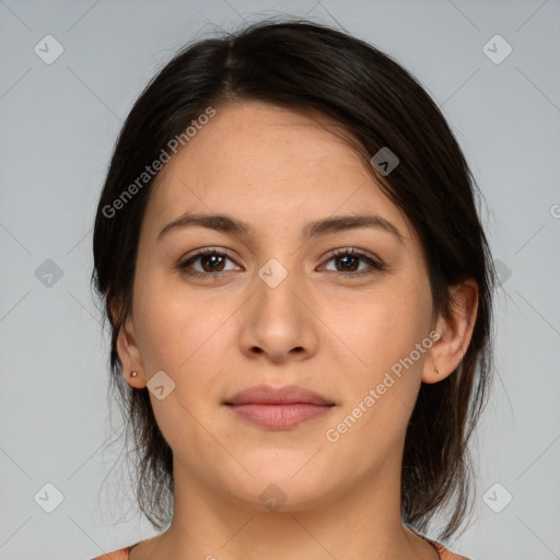 Joyful white young-adult female with medium  brown hair and brown eyes