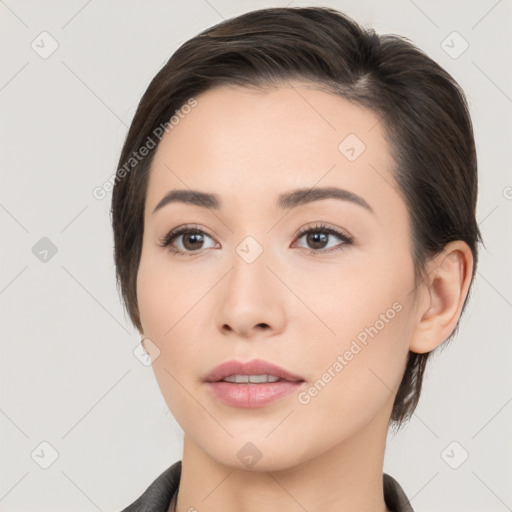 Neutral white young-adult female with medium  brown hair and brown eyes