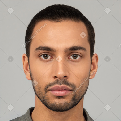 Neutral latino young-adult male with short  black hair and brown eyes