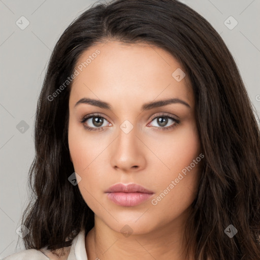 Neutral white young-adult female with long  brown hair and brown eyes