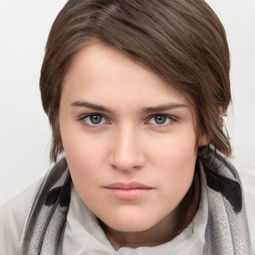 Neutral white young-adult female with medium  brown hair and brown eyes