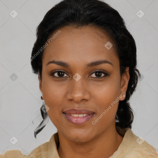 Joyful black young-adult female with medium  black hair and brown eyes