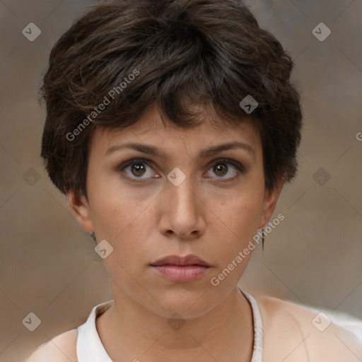 Neutral white young-adult female with short  brown hair and brown eyes