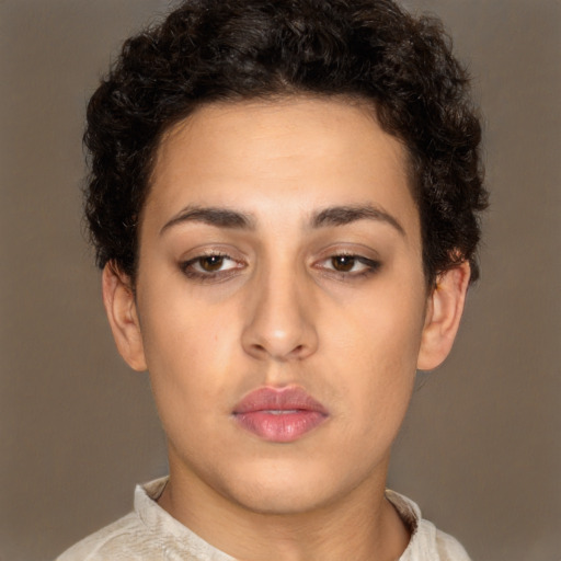 Neutral white young-adult female with short  brown hair and brown eyes