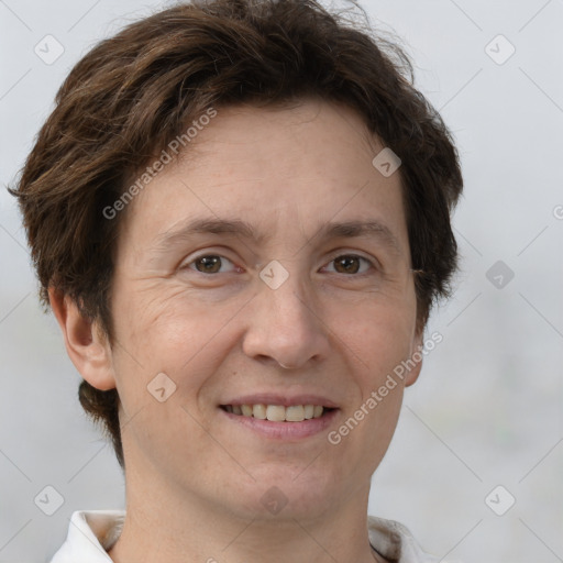 Joyful white adult female with short  brown hair and brown eyes