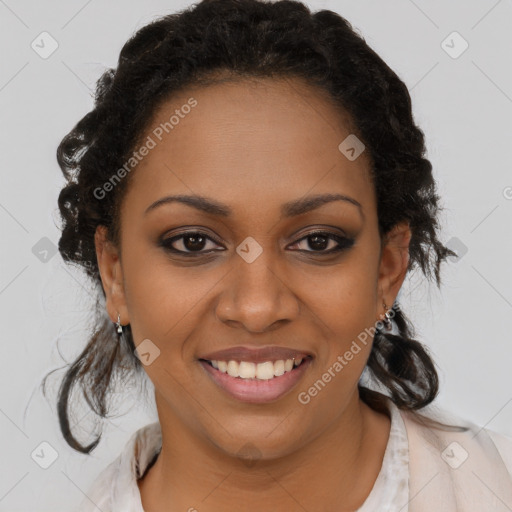 Joyful black young-adult female with medium  brown hair and brown eyes