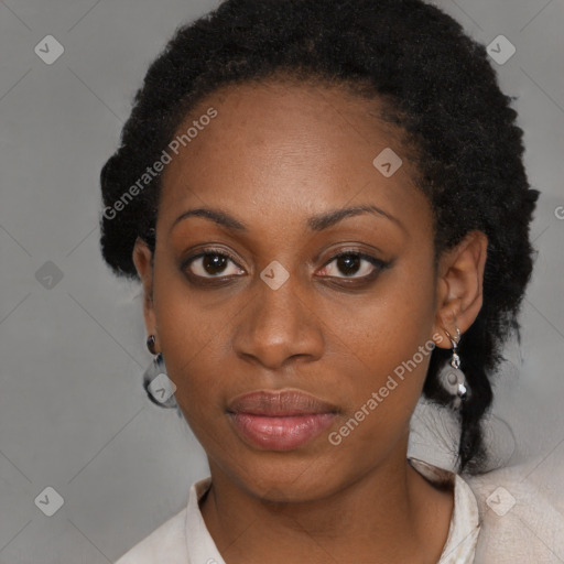 Neutral black young-adult female with short  black hair and brown eyes