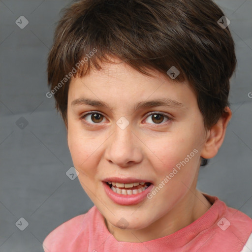 Joyful white child female with short  brown hair and brown eyes