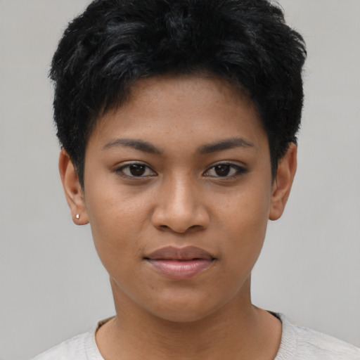 Joyful asian young-adult female with short  black hair and brown eyes