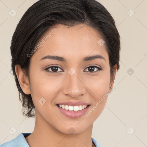 Joyful white young-adult female with medium  brown hair and brown eyes