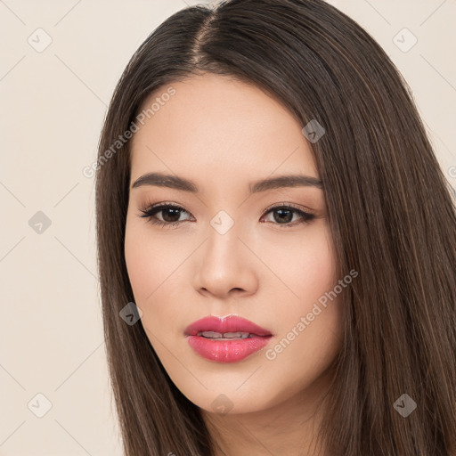 Neutral white young-adult female with long  brown hair and brown eyes