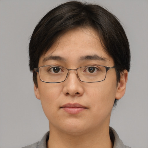 Neutral white adult female with short  brown hair and brown eyes