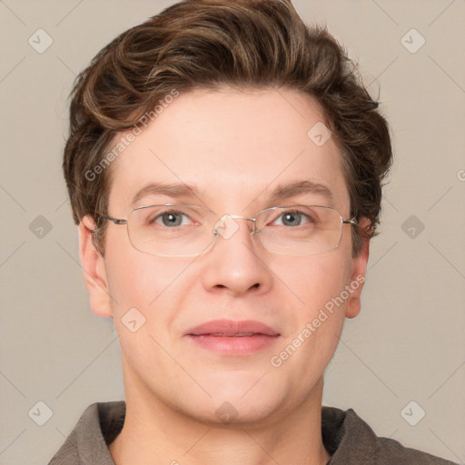 Joyful white adult male with short  brown hair and grey eyes